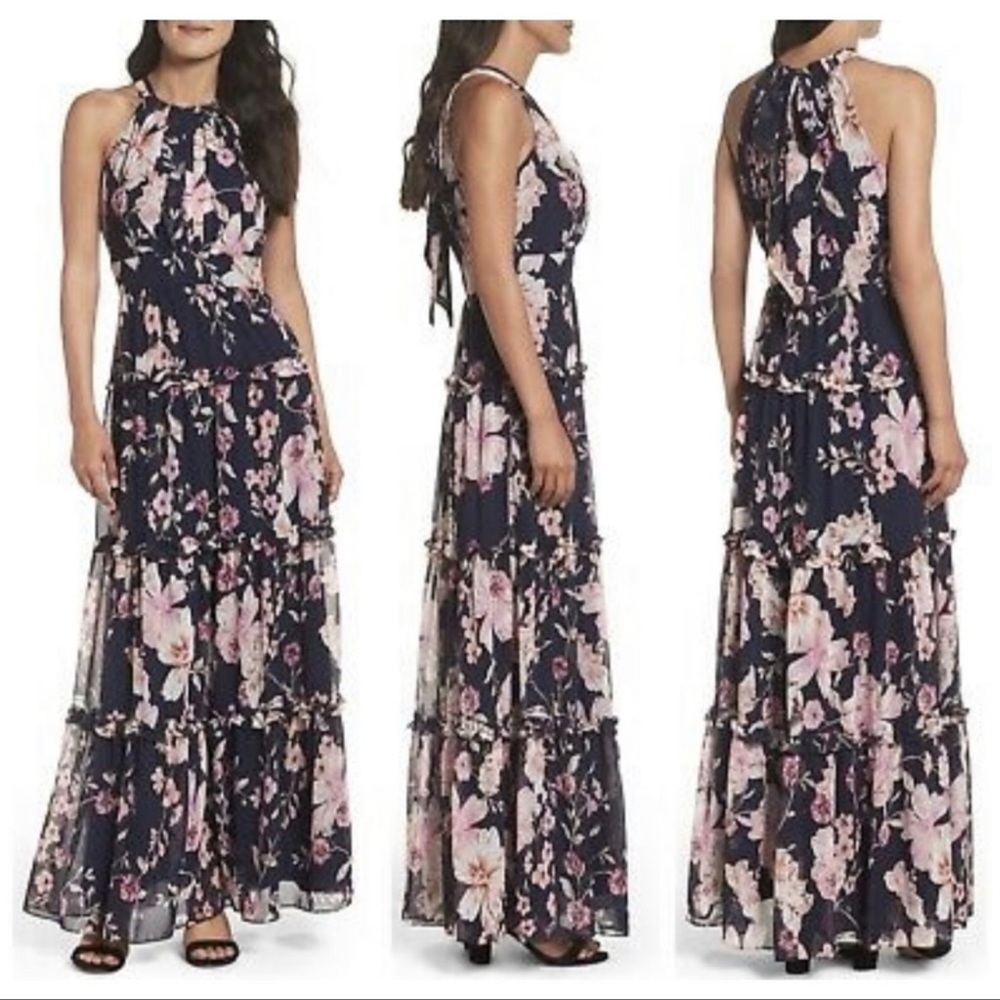 Navy Floral Halter Tiered Maxi Dress - Pink Floral - Picture 2 of 3